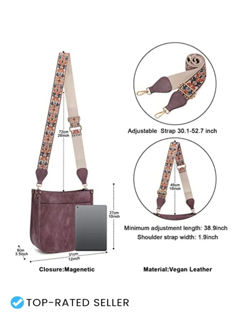 Vegan Leather Hobo Crossbody Bag with 2 Adjustable Straps